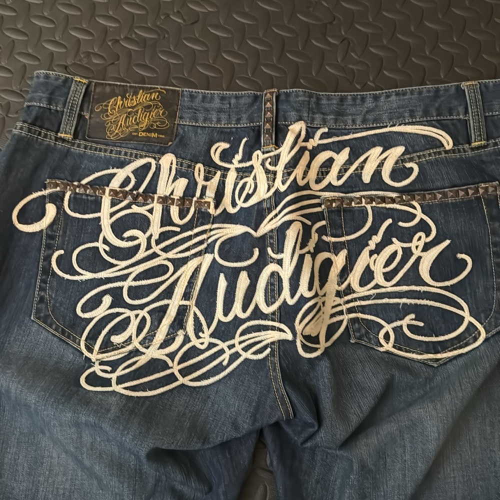 VNTG Christian Audigier Blue button fly Jean 44 x 34 Embroidered Studded Hip Hop